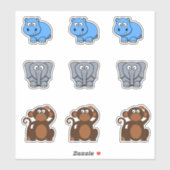 野生の動物のヒッポ、象、サルの漫画 シール (シート)