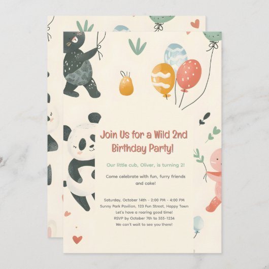 野生の動物の友達の誕生日招待状 招待状 (正面/裏面)