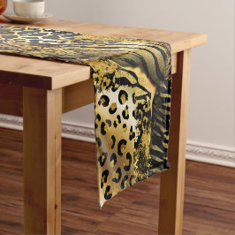 野生の動物の皮膚金ゴールドブラックサファリプリントパターン ショートテーブルランナー
