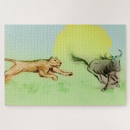 野生の動物の追跡自然 – ライオン&バッファロー ジグソーパズル (横)