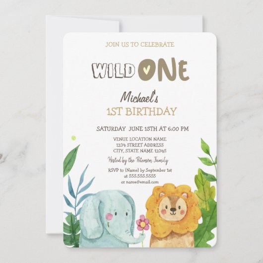 野生の動物ゾウ葉ライオンの誕生日 招待状 (正面)