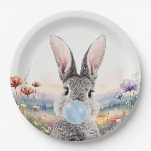 野生の吹花を持つウサギのブルーバブルガム ペーパープレート (正面)