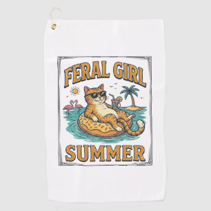 野生の少女サマー+猫が浮かぶヴィンテージTシャツデザイン_1 ゴルフタオル