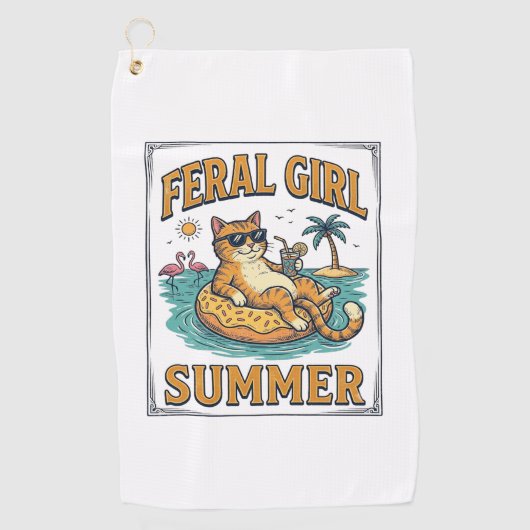 野生の少女サマー+猫が浮かぶヴィンテージTシャツデザイン_1 ゴルフタオル (正面)