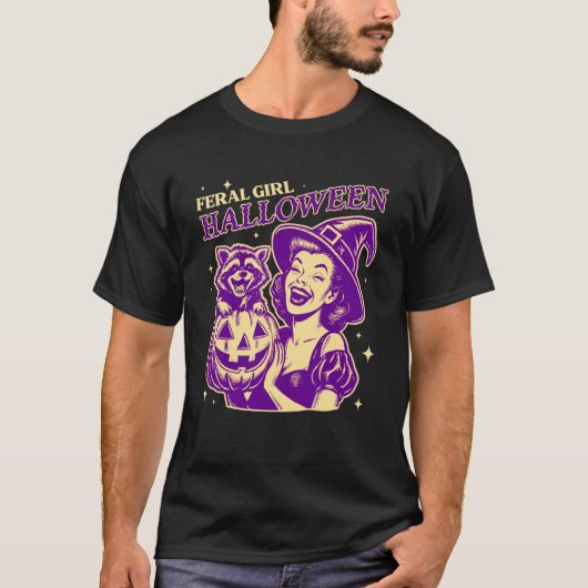 野生の少女 楽しいハロウィン 魔女 アライグマ 怖い Tシャツ (正面)