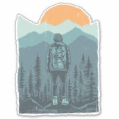 野生の山々と夕焼けのハイキング女性 シール (正面)