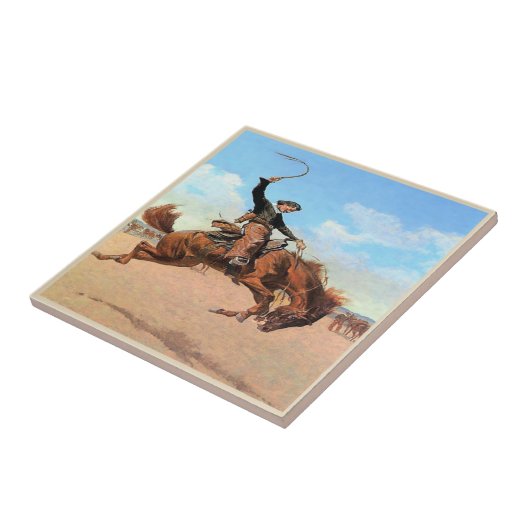 野生の強く反対する馬に乗っているヴィンテージの西部のカウボーイ タイル (側面)
