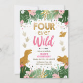 野生の恐竜少女ピンク恐竜誕生日 招待状 (正面)