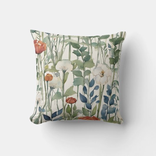 野生の春の花の水彩画アート クッション (正面)