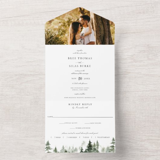 野生の松の森の写真結婚の オールインワン招待状 (内側)