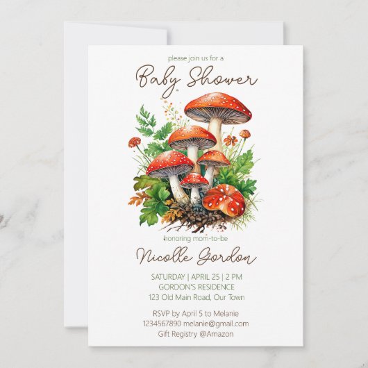 野生の森のマッシュルームの赤ちゃんシャワーテンプレート 招待状 (正面)