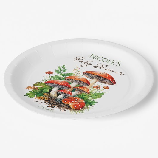 野生の森のマッシュルームの赤ちゃんシャワー印刷テンプレート ペーパープレート (アングル)