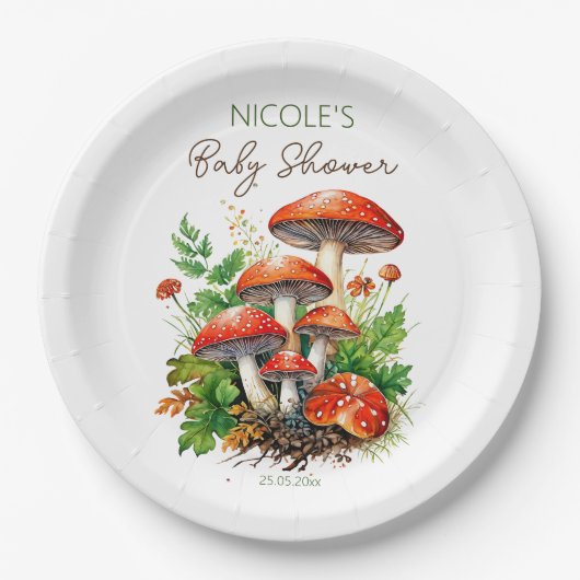 野生の森のマッシュルームの赤ちゃんシャワー印刷テンプレート ペーパープレート (正面)