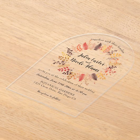 野生の森の花シダの葉結婚の アクリル招待状 (レイダウン)