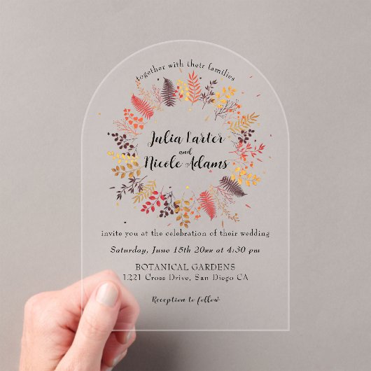 野生の森の花シダの葉結婚の アクリル招待状 (インサイチュ (ポータブル))