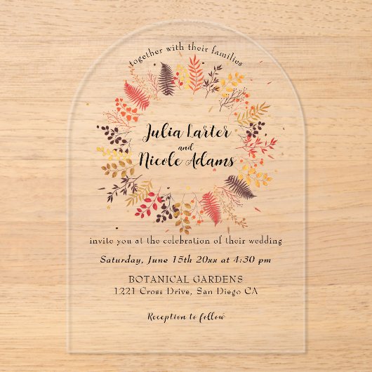 野生の森の花シダの葉結婚の アクリル招待状 (正面)