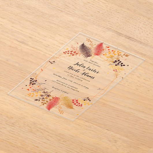 野生の森の花シダの葉結婚の アクリル招待状 (レイダウン)