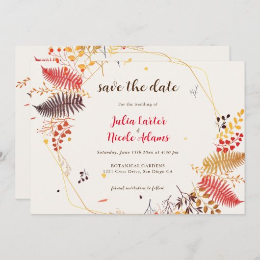 野生の森の花シダの葉結婚の セーブザデート (正面/裏面)