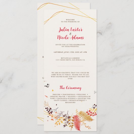 野生の森の花シダの葉結婚の プログラム (正面/裏面)