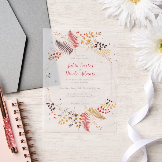 野生の森の花シダの葉結婚の ベラム紙招待状 (ウェディング)