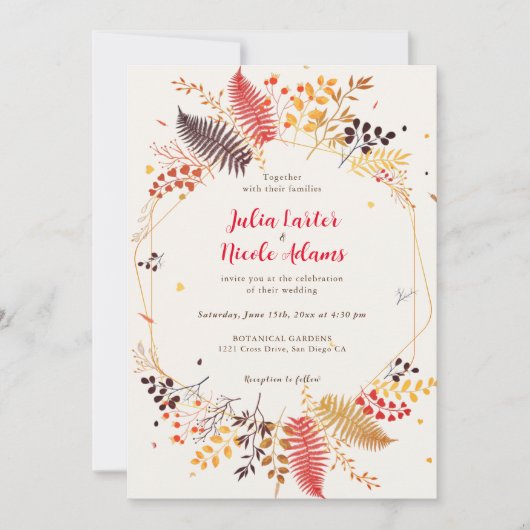 野生の森の花シダの葉結婚の 招待状 (正面)