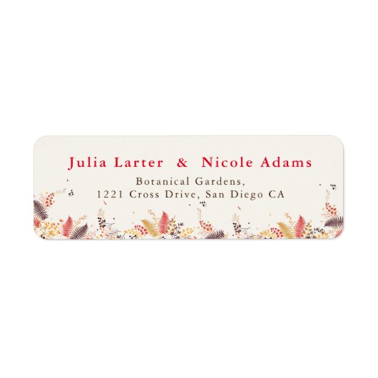 野生の森の花 フェルン キノコ 葉っぱ ウェディング ラベル (正面)