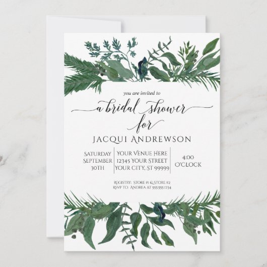 野生の森の葉の縁どブライダルシャワー 招待状 (正面)