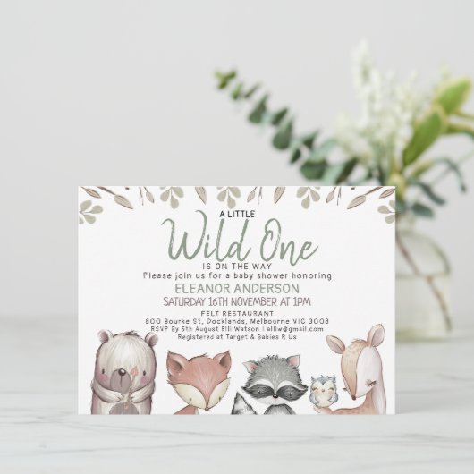 野生の森林動物の葉の赤ちゃんシャワー 招待状 (スタンド正面)