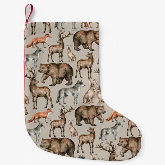 野生の森林動物を使った水彩の継ぎ目のない模様 スモールクリスマスストッキング (正面)