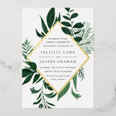 野生の森 |緑の水色の葉結婚の 箔招待状 (正面)
