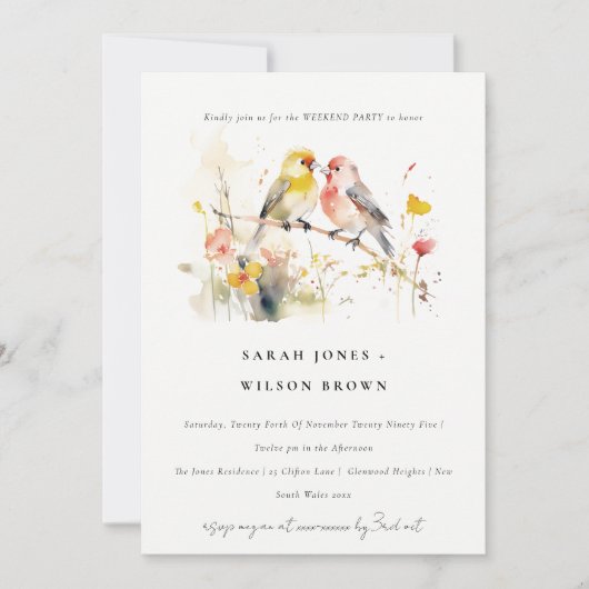 野生の植物の水の色の愛の鳥の週末パーティー 招待状 (正面)