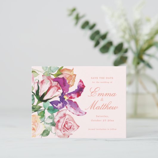 野生の植物最大主義の結婚式の日付を保存 ポストカード (スタンド正面)