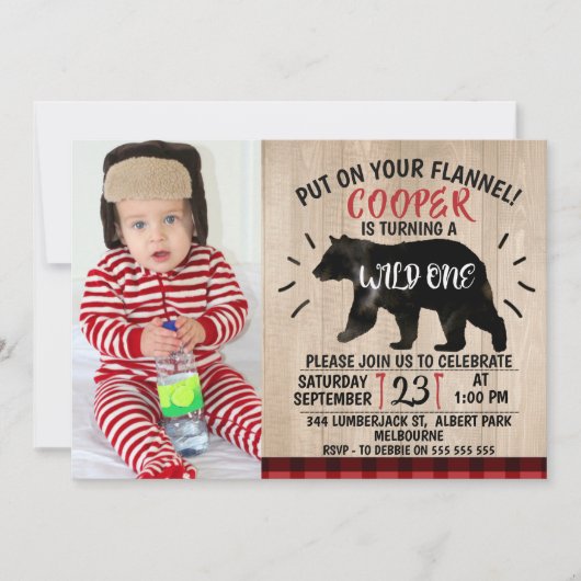 野生の樵くまの第1誕生日の招待状 招待状 (正面)
