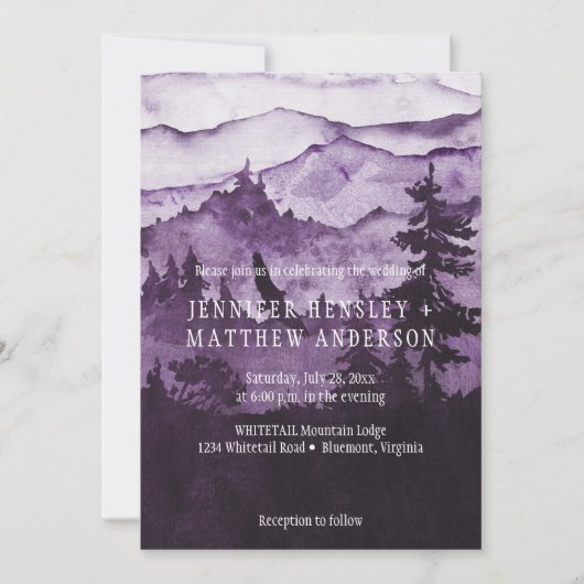 野生の濃い紫の山々の風景の中結婚に 招待状 (正面)