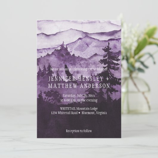 野生の濃い紫の山々の風景の中結婚に 招待状 (スタンド正面)
