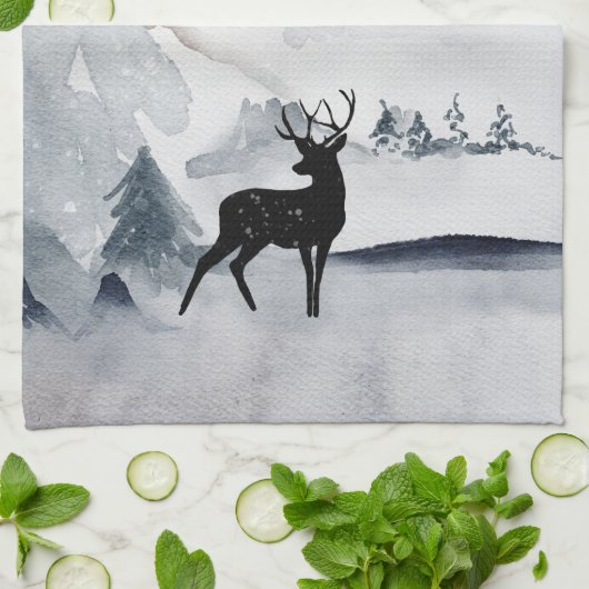 野生の灰色の水色のクリスマスにトナカイ キッチンタオル (折り畳み)