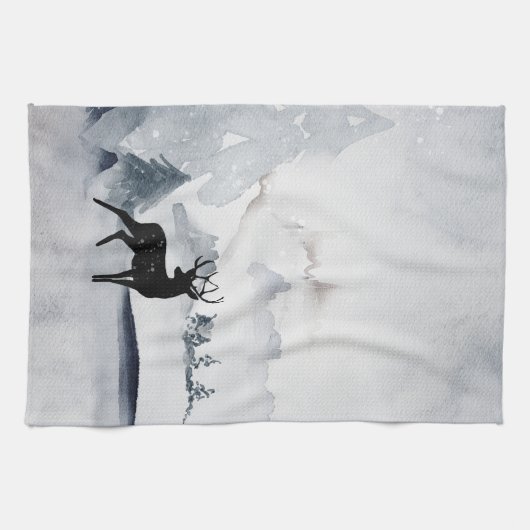 野生の灰色の水色のクリスマスにトナカイ キッチンタオル (横)