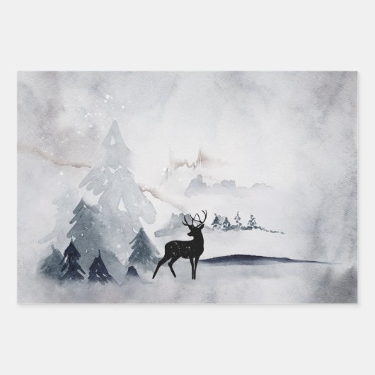 野生の灰色の水色のクリスマスにトナカイ ラッピングペーパーシート (正面3)
