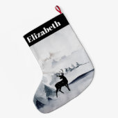 野生の灰色の水色のクリスマスにトナカイ ラージクリスマスストッキング (裏面 (吊り時))