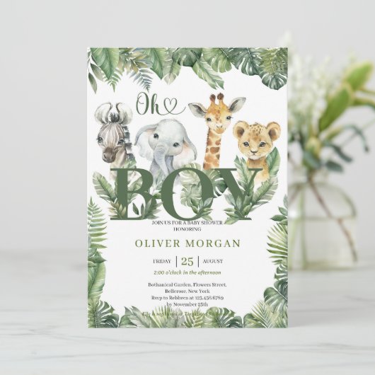 野生の熱帯の緑葉の動物かわいいサファリ 招待状 (スタンド正面)