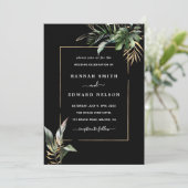 野生の熱帯の葉の水の色結婚の黒 招待状 (スタンド正面)