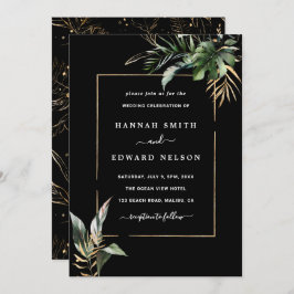 野生の熱帯の葉の水の色結婚の黒 招待状