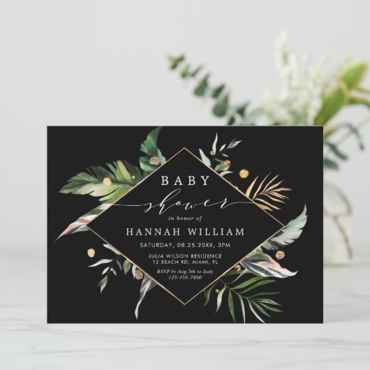 野生の熱帯の葉の黒いベビーシャワー 招待状 (スタンド正面)