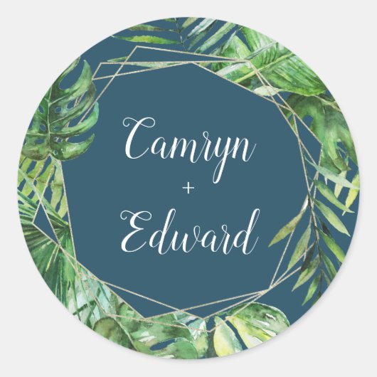 野生の熱帯ヤシ |ネイビージオメトリック封筒用シール ラウンドシール (正面)