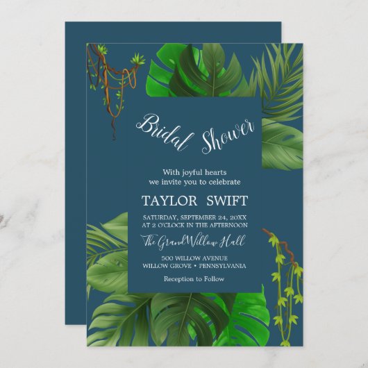 野生の熱帯ヤシ |ネイビーブルーブライダルシャワー 招待状 (正面/裏面)