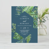 野生の熱帯ヤシ |ネイビー六角カジュアル結婚ズ 招待状 (スタンド正面)