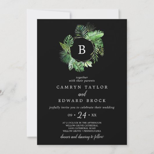 野生の熱帯ヤシ |ブラックモノグラム結婚ズ 招待状 (正面)