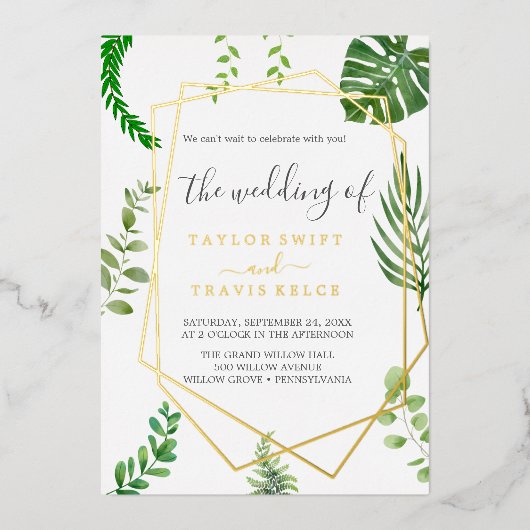 野生の熱帯ヤシ | 金箔のジオメト結婚リ 箔招待状 (正面)