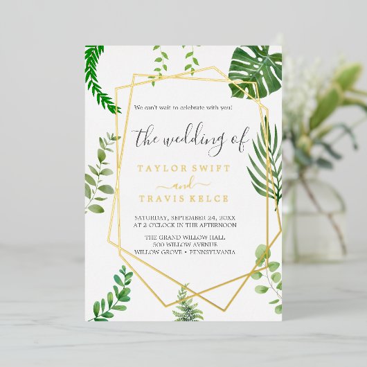 野生の熱帯ヤシ | 金箔のジオメト結婚リ 箔招待状 (立ち正面)