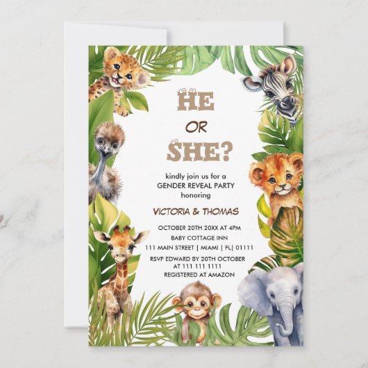 野生の熱帯性サファリの動物1体が性別を明らかにする 招待状 (正面)